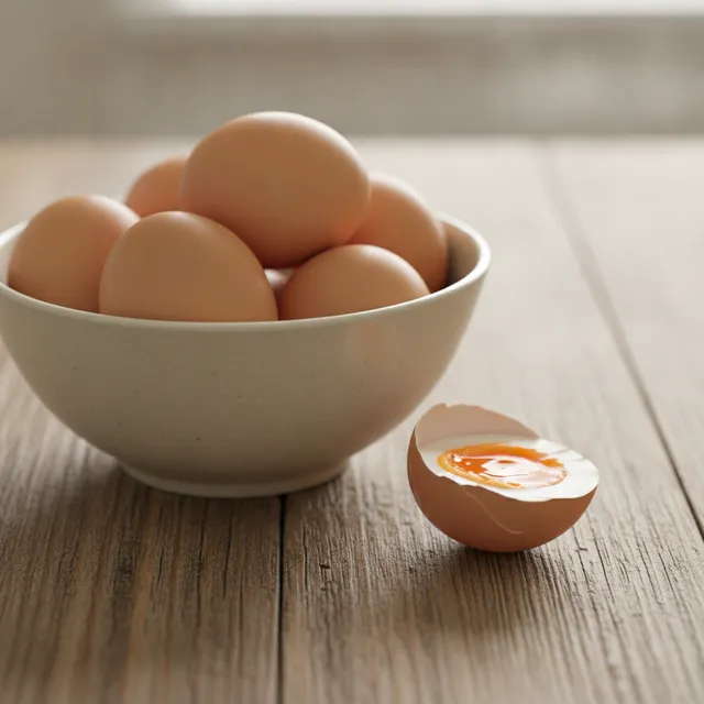 Des oeufs frais dans un bol en ceramique sur une table en bois, avec un oeuf casse montrant un jaune orange