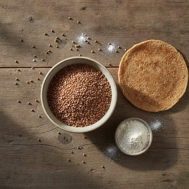 Un bol de graines de sarrasin décortiquées, une galette de sarrasin et une coupelle de farine de sarrasin sur une table en bois