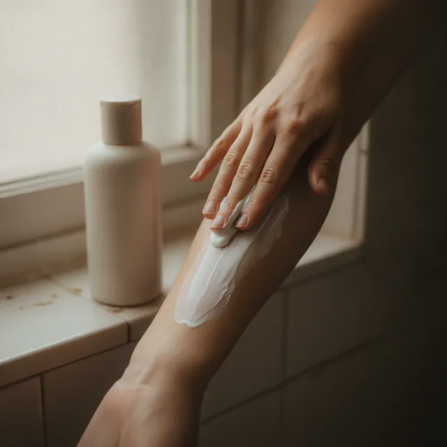 Une main étale une crème autobronzante blanche sur un avant-bras, flacon neutre posé sur un rebord de salle de bain