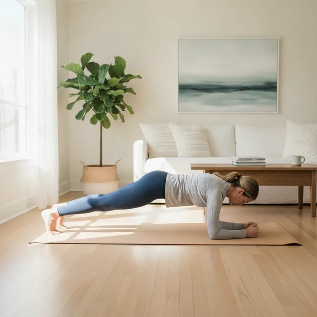 Personne réalisant un gainage en planche sur un tapis dans un salon clair