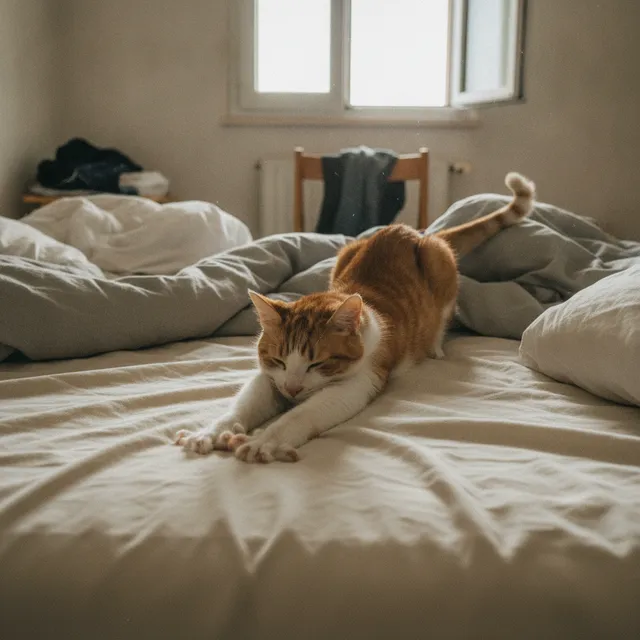 Un chat s'étire longuement sur un lit, pattes avant tendues et dos creusé, dans la lumière du matin