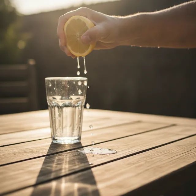 Une main presse un demi-citron au-dessus d'un verre sur une table de jardin en plein soleil, quelques gouttes de jus qui coulent