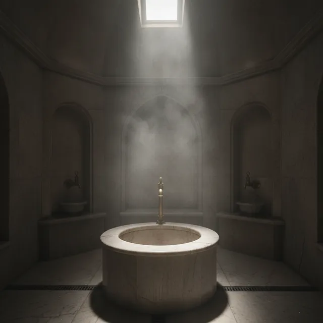 Intérieur d'un hammam en marbre avec vapeur et bassin, sous une lumière tamisée