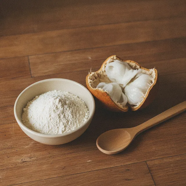 Bol de poudre de baobab beige clair et fruit de baobab ouvert montrant la pulpe blanche, sur un plan de travail en bois