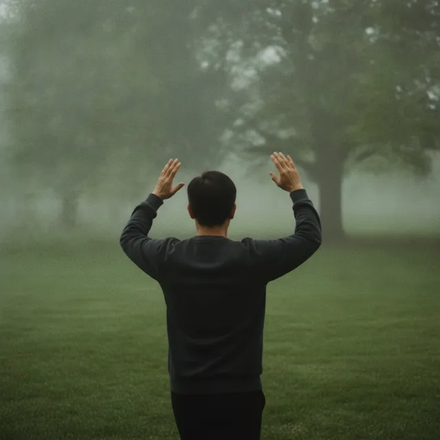 Une personne pratiquant le tai-chi bras levés dans un parc brumeux au petit matin