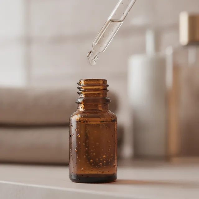 Pipette de sérum au-dessus d'un petit flacon ambré posé sur une étagère de salle de bain