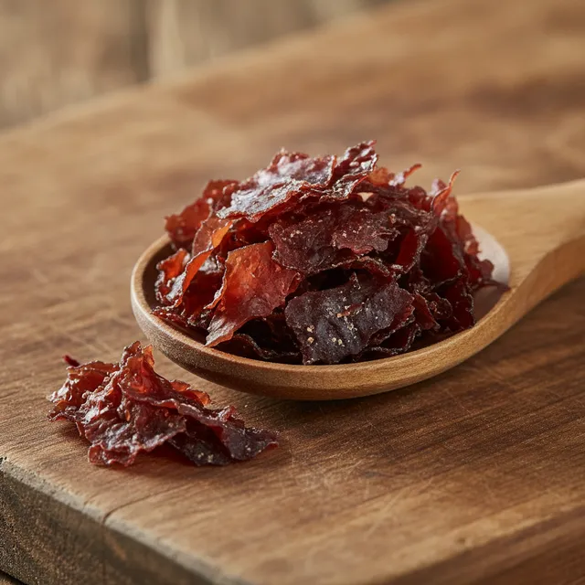 Paillettes et lamelles de dulse rouge séchée sur une cuillère en bois