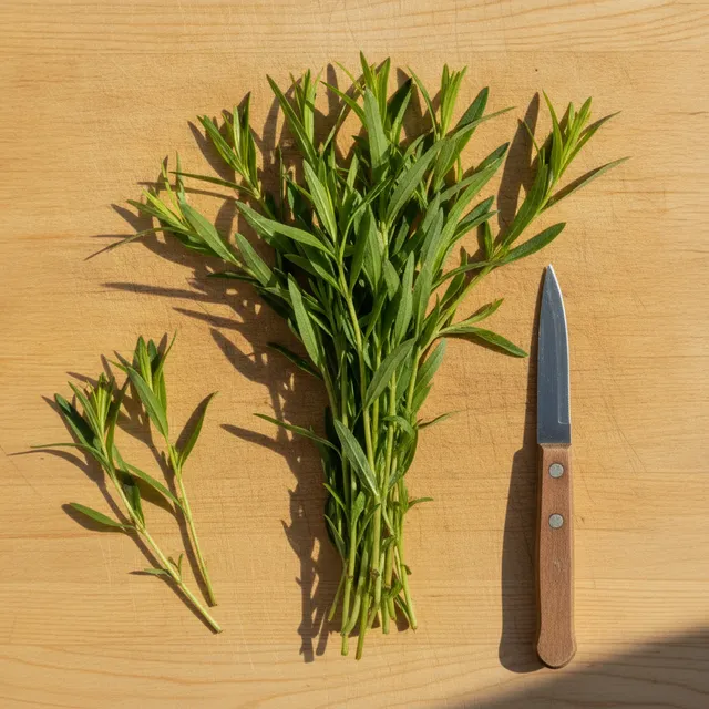 Bouquet d'estragon frais aux longues feuilles fines posé sur une planche en bois avec un petit couteau