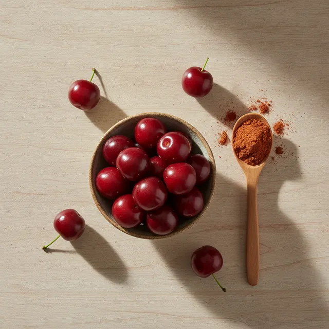 Cerises acérola rouges dans une coupelle et une cuillère de poudre d'acérola sur une table en bois
