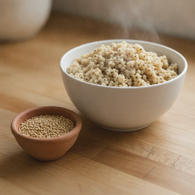 Un bol de grains de sorgho cuits et fumants a cote d'une coupelle de grains crus, sur un plan de travail en bois