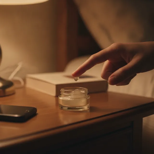 Un doigt prélève une noisette de vaseline dans un pot posé sur une table de nuit, le soir