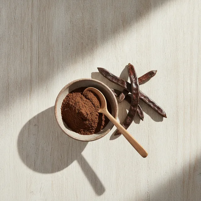 Bol de poudre de caroube avec des gousses séchées et une cuillère en bois, vue de dessus