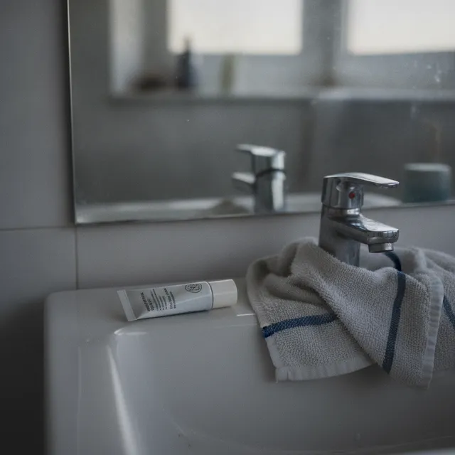 Un tube de soin contour des yeux posé sur le rebord d'un lavabo de salle de bain au petit matin