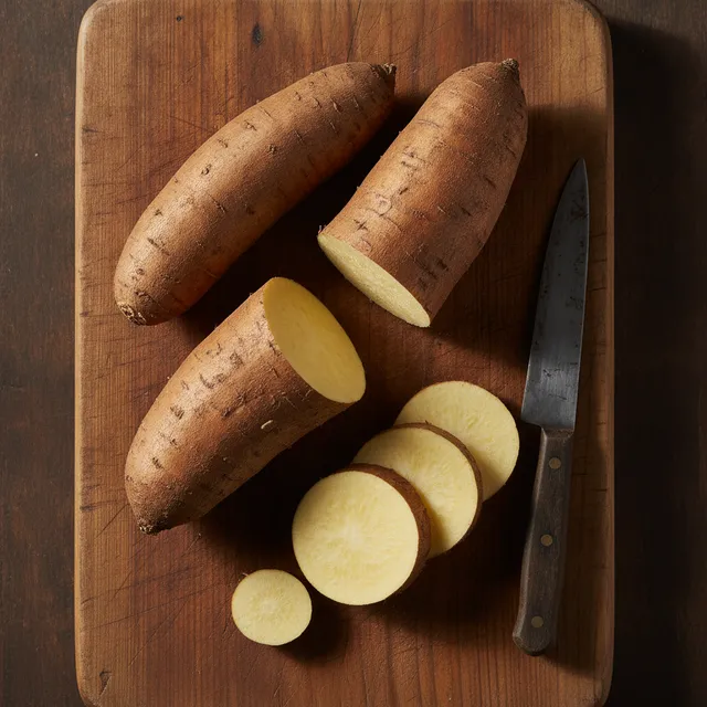 Tubercules de yacon (poire de terre) à la peau brune, dont un coupé en tranches révélant une chair jaune pâle croquante, sur une planche en bois