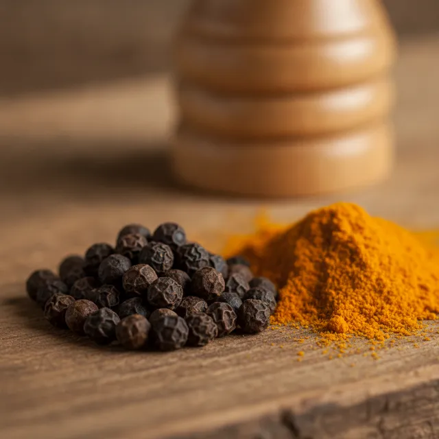 Grains de poivre noir et poudre de curcuma sur une planche en bois, moulin à poivre en arrière-plan