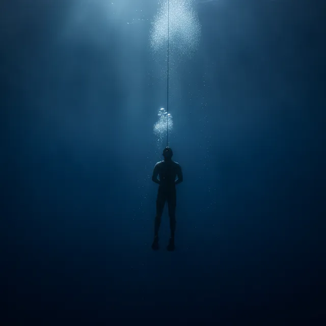 Silhouette d'un apnéiste seul descendant le long d'un filin dans une eau bleue profonde