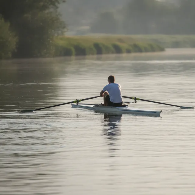 Un rameur en skiff glisse sur une rivière calme au lever du jour, vu de dos