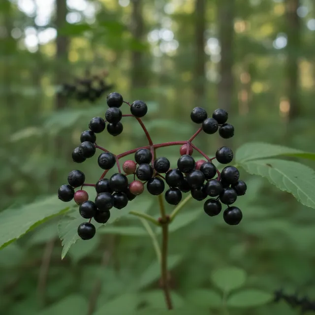 Grappe de baies de sureau noires mûres pendant d'une branche en lisière de forêt
