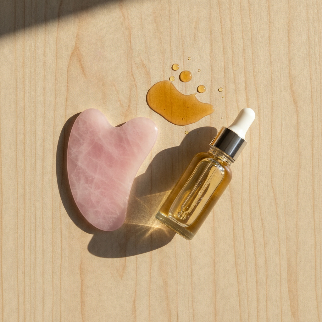 Un gua sha en quartz rose posé sur une table en bois à côté d'un flacon de sérum et de gouttes d'huile
